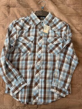 Roper Brown and Light Blue Plaid Kids Western Button-Down Shirt